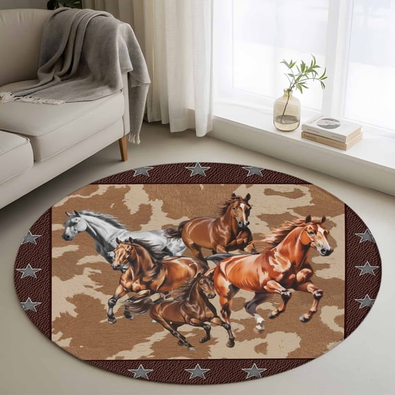 Round Area Rugs Collection 4 Ft, Brown Retro Horse Non-Slip Residential Carpet, Vintage Western Stars Country Indoor Crawling Mats Runner Rugs for Living Room/Dining Room/Bedroom