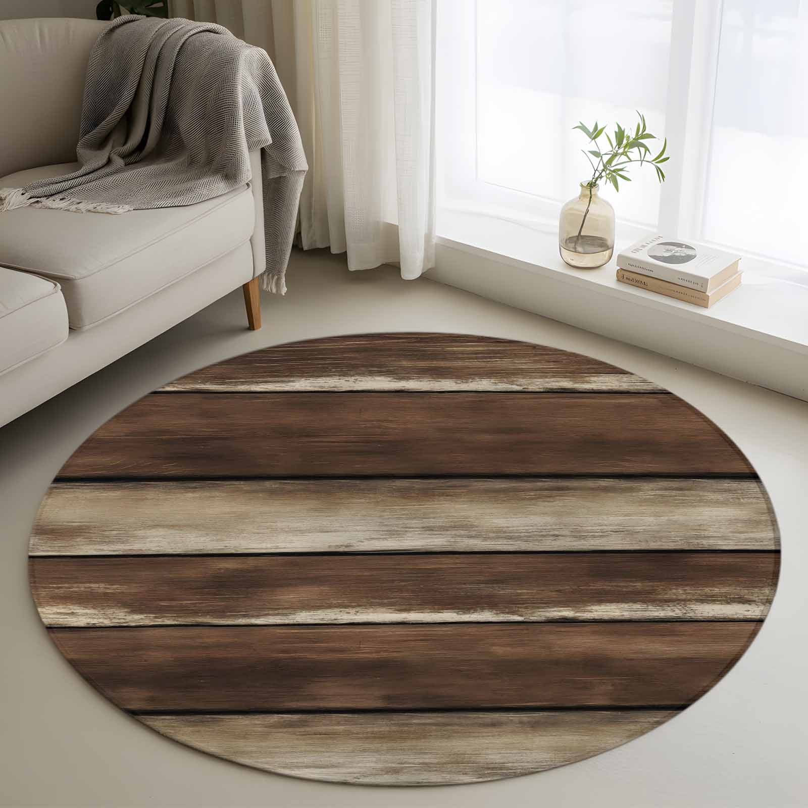 Round Area Rugs Collection 4 Ft, Brown Wooden Non-Slip Residential Carpet, Vintage Farmhouse Retro Art Indoor Crawling Mats Runner Rugs for Living Room/Dining Room/Bedroom