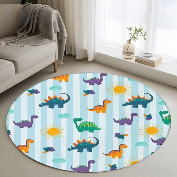 Round Area Rugs Collection 4 Ft, Cartoon Dinosaur Non-Slip Residential Carpet, Watercolor Green Orange Dino Sun Striped Indoor Crawling Mats Runner Rugs for Living Room/Dining Room/Bedroom