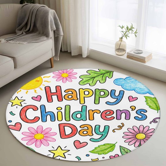 Round Area Rugs Collection 4 Ft, Children's Day Non-Slip Residential Carpet, Cartoon Cute Sun Nature Flowers Leaf Indoor Crawling Mats Runner Rugs for Living Room/Dining Room/Bedroom