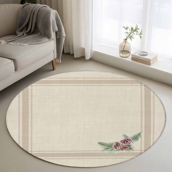 Round Area Rugs Collection 4 Ft, Christmas Non-Slip Residential Carpet, Winter Xmas Farmhouse Pine Cone Branches Indoor Crawling Mats Runner Rugs for Living Room/Dining Room/Bedroom