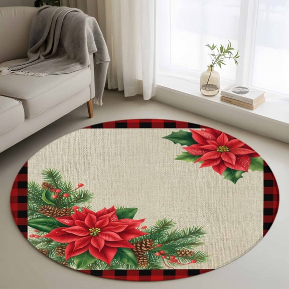 Round Area Rugs Collection 4 Ft, Christmas Poinsettia Non-Slip Residential Carpet, Farmhouse Pine Needle Cone Check Indoor Crawling Mats Runner Rugs for Living Room/Dining Room/Bedroom