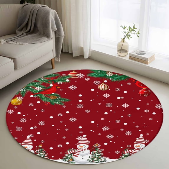 Round Area Rugs Collection 4 Ft, Christmas Red Non-Slip Residential Carpet, Snowman Xmas Pine Branch Cardinal Bird Snowflake Indoor Crawling Mats Runner Rugs for Living Room/Dining Room/Bedroom