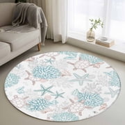 Round Area Rugs Collection 4 Ft, Coastal Coral Turtle Non-Slip Residential Carpet, Aqua Ocean Conch Starfish Summer Beach Indoor Crawling Mats Runner Rugs for Living Room/Dining Room/Bedroom