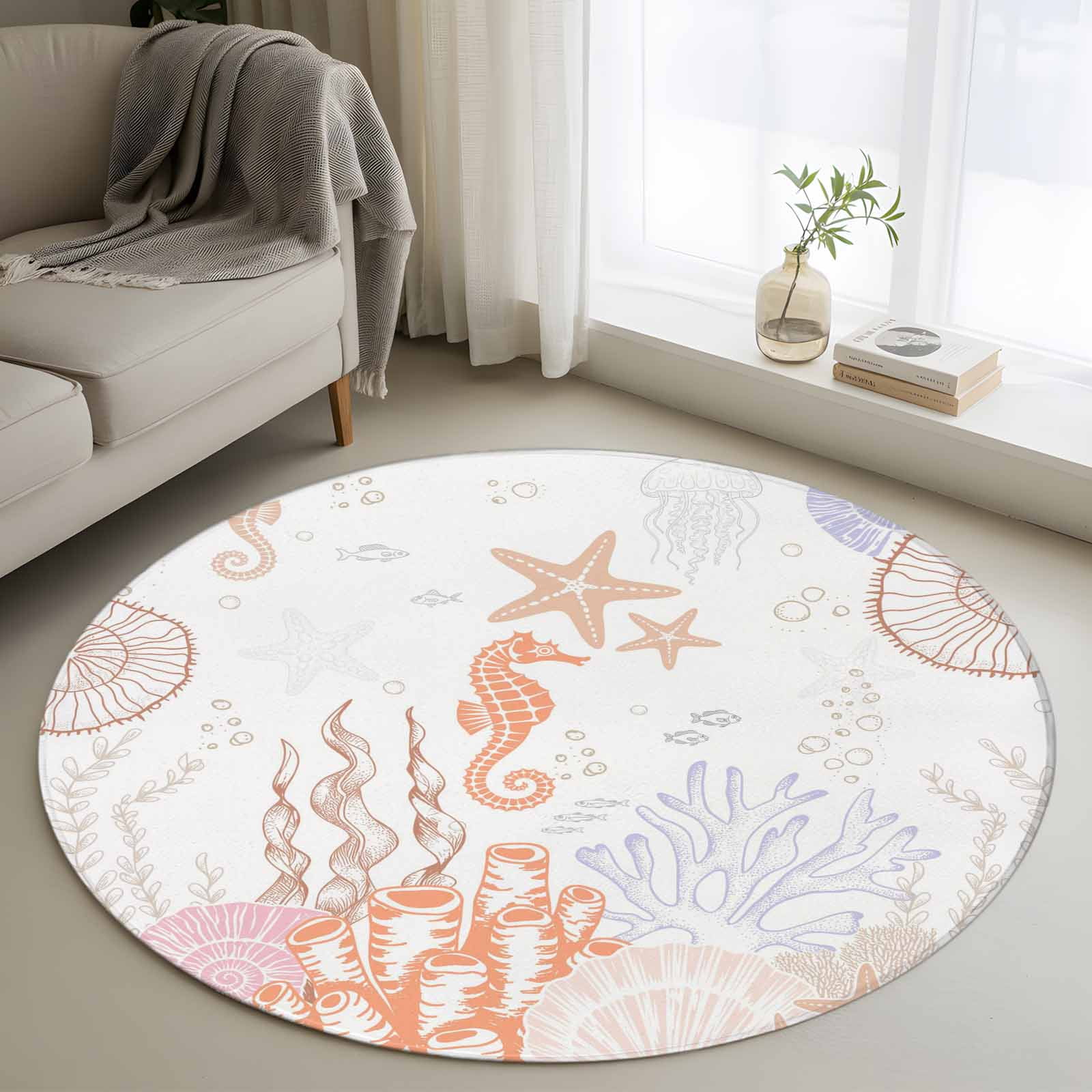 Round Area Rugs Collection 4 Ft, Coastal Non-Slip Residential Carpet, Orange Brown Coral Starfish Jellyfish Seahorse Indoor Crawling Mats Runner Rugs for Living Room/Dining Room/Bedroom