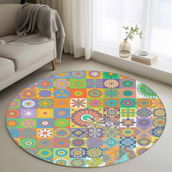 Round Area Rugs Collection 4 Ft, Colorful Ethnic Non-Slip Residential Carpet, Modern Abstract National Geometric Green Indoor Crawling Mats Runner Rugs for Living Room/Dining Room/Bedroom
