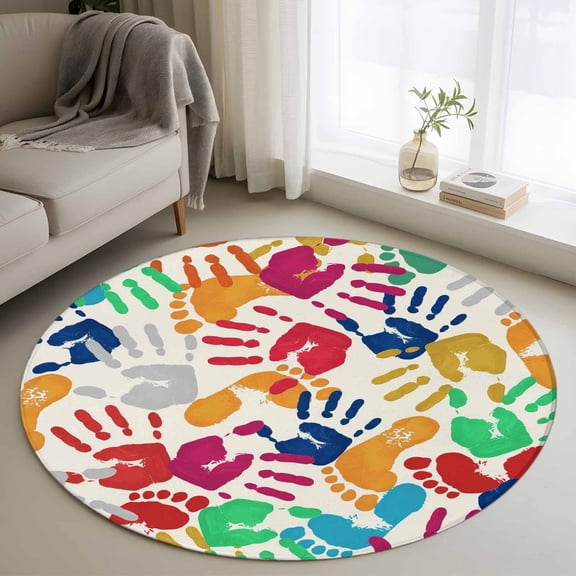 Round Area Rugs Collection 4 Ft, Colorful Handprints Non-Slip Residential Carpet, Rainbow Abstract Hand Foot Prints Indoor Crawling Mats Runner Rugs for Living Room/Dining Room/Bedroom