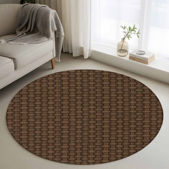 Round Area Rugs Collection 4 Ft, Dark Brown Rattan Non-Slip Residential Carpet, Vintage Abstract Wicker Texture Indoor Crawling Mats Runner Rugs for Living Room/Dining Room/Bedroom