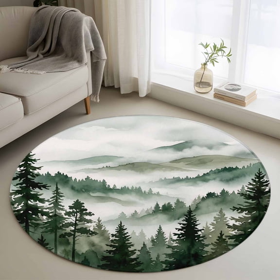 Round Area Rugs Collection 4 Ft, Dark Green Forest Non-Slip Residential Carpet, Watercolor Clouds Trees Mountain Indoor Crawling Mats Runner Rugs for Living Room/Dining Room/Bedroom