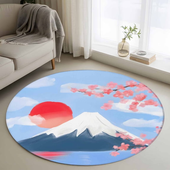 Round Area Rugs Collection 4 Ft, Flowers Mountain Non-Slip Residential Carpet, Spring Sun Floral Nature Scenery Indoor Crawling Mats Runner Rugs for Living Room/Dining Room/Bedroom