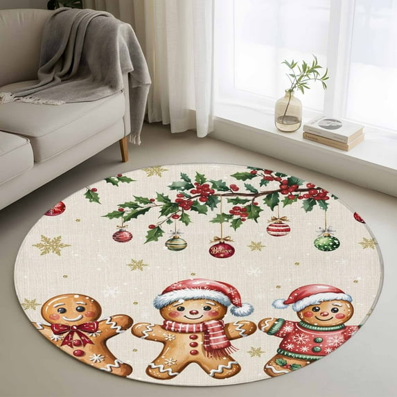 Round Area Rugs Collection 4 Ft, Gingerbread Christmas Non-Slip Residential Carpet, Xmas Balls Branches Farmhouse Indoor Crawling Mats Runner Rugs for Living Room/Dining Room/Bedroom