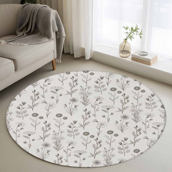 Round Area Rugs Collection 4 Ft, Gray Flowers Non-Slip Residential Carpet, Spring Summer Farmhouse Botanical Indoor Crawling Mats Runner Rugs for Living Room/Dining Room/Bedroom