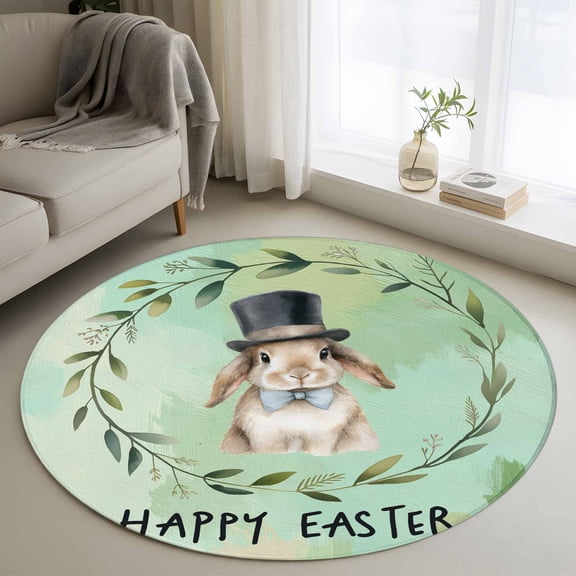 Round Area Rugs Collection 4 Ft, Happy Easter Non-Slip Residential Carpet, Teal Green Spring Bunny Eucalyptus Leaves Indoor Crawling Mats Runner Rugs for Living Room/Dining Room/Bedroom