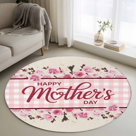 Round Area Rugs Collection 4 Ft, Happy Mother's Day Non-Slip Residential Carpet, Pink Floral Buffalo Plaid Burlap Indoor Crawling Mats Runner Rugs for Living Room/Dining Room/Bedroom