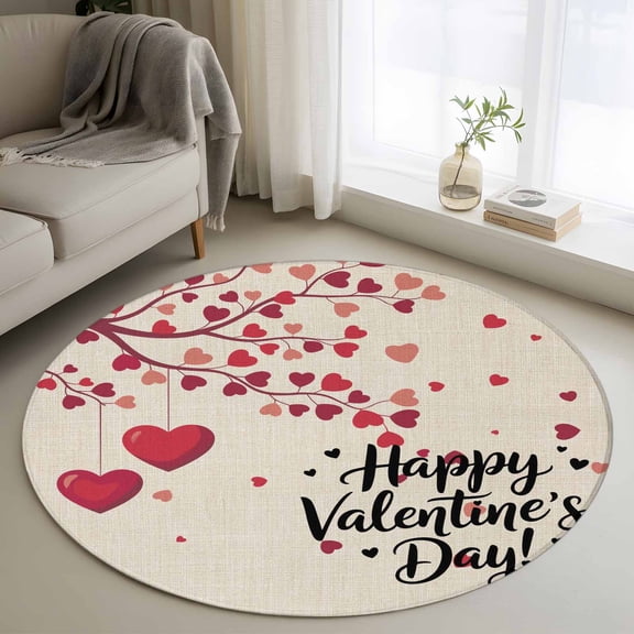 Round Area Rugs Collection 4 Ft, Happy Valentines Day Non-Slip Residential Carpet, Red Love Branches Spring Beige Indoor Crawling Mats Runner Rugs for Living Room/Dining Room/Bedroom