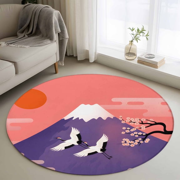 Round Area Rugs Collection 4 Ft, Japanese Non-Slip Residential Carpet, Nature Mountain Sun Blossoms Cherry Scenery Indoor Crawling Mats Runner Rugs for Living Room/Dining Room/Bedroom