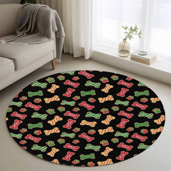 Round Area Rugs Collection 4 Ft, Merry Christmas Non-Slip Residential Carpet, Abstract Pets Footprints Bones Red Green Indoor Crawling Mats Runner Rugs for Living Room/Dining Room/Bedroom