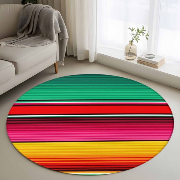 Round Area Rugs Collection 4 Ft, Mexican Style Non-Slip Residential Carpet, Colorful Mexico Stripes Green Red Pink Indoor Crawling Mats Runner Rugs for Living Room/Dining Room/Bedroom