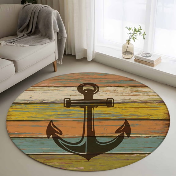 Round Area Rugs Collection 4 Ft, Nautical Anchor Non-Slip Residential Carpet, Farmhouse Vintage Old Wooden Grain Indoor Crawling Mats Runner Rugs for Living Room/Dining Room/Bedroom