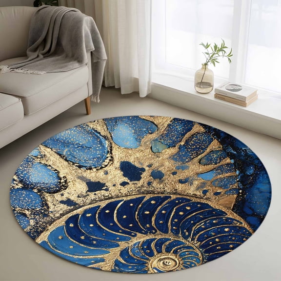 Round Area Rugs Collection 4 Ft, Navy Blue Golden Conch Non-Slip Residential Carpet, Modern Abstract Art Ocean Indoor Crawling Mats Runner Rugs for Living Room/Dining Room/Bedroom
