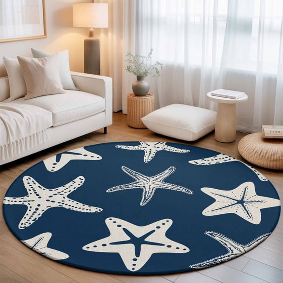 Round Area Rugs Collection 4 Ft, Navy Blue Starfish Coastal Non-Slip Residential Carpet, Nautical Summer Ocean Abstract Art Indoor Crawling Mats Runner Rugs for Living Room/Dining Room/Bedroom