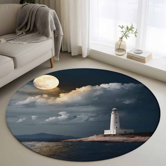 Round Area Rugs Collection 4 Ft, Night Seaside Lighthouse Non-Slip Residential Carpet, Coastal Moonlight Ocean Indoor Crawling Mats Runner Rugs for Living Room/Dining Room/Bedroom