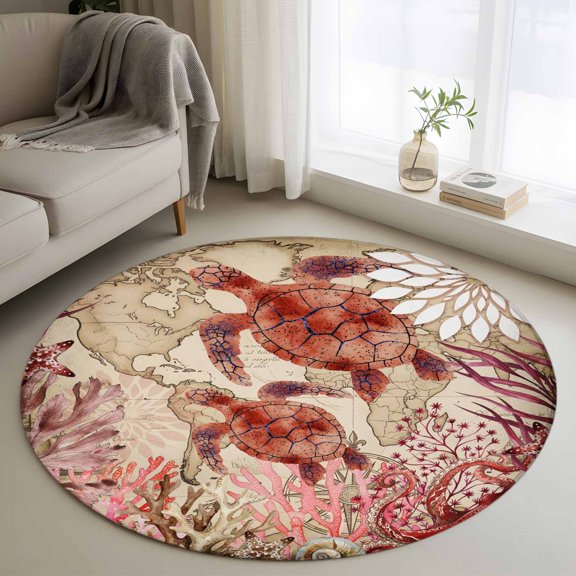 Round Area Rugs Collection 4 Ft, Ocean Red Turtles Non-Slip Residential Carpet, Coastal Coral Seagrass Vintage World Map Indoor Crawling Mats Runner Rugs for Living Room/Dining Room/Bedroom