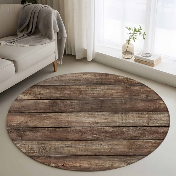 Round Area Rugs Collection 4 Ft, Old Wooden Board Non-Slip Residential Carpet, Rustic Farmhouse Brown Wooden Plank Indoor Crawling Mats Runner Rugs for Living Room/Dining Room/Bedroom
