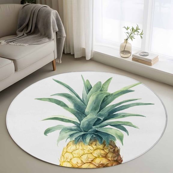 Round Area Rugs Collection 4 Ft, Pineapple Non-Slip Residential Carpet, Summer Botanical Watercolor Indoor Crawling Mats Runner Rugs for Living Room/Dining Room/Bedroom