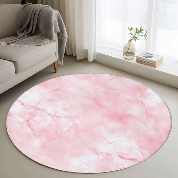 Round Area Rugs Collection 4 Ft, Pink Marble Non-Slip Residential Carpet, Modern Abstract Art Elegant Indoor Crawling Mats Runner Rugs for Living Room/Dining Room/Bedroom
