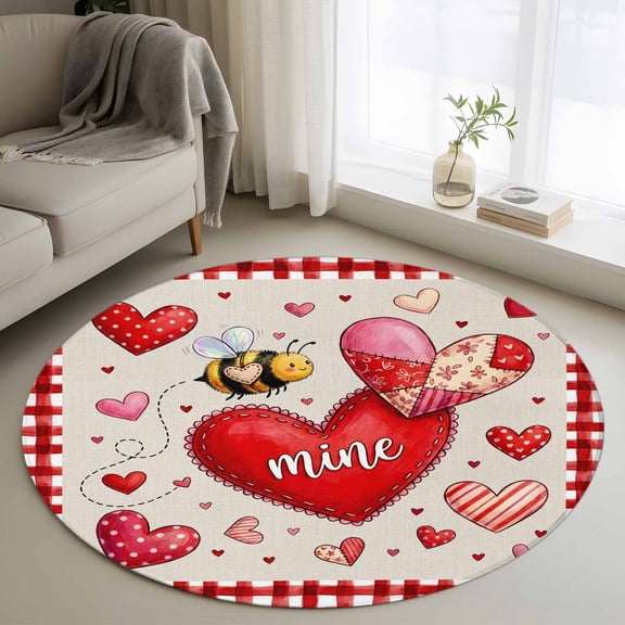 Round Area Rugs Collection 4 Ft, Pink Valentine's Day Non-Slip Residential Carpet, Love Heart Bee Checkered Farmhouse Indoor Crawling Mats Runner Rugs for Living Room/Dining Room/Bedroom