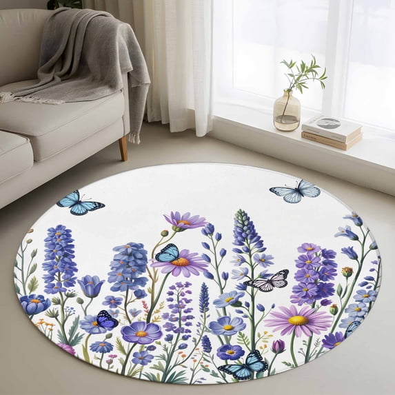 Round Area Rugs Collection 4 Ft, Purple Floral Non-Slip Residential Carpet, Spring Lavender Daisy Butterflies Botanical Indoor Crawling Mats Runner Rugs for Living Room/Dining Room/Bedroom