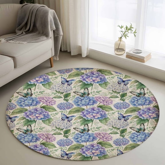 Round Area Rugs Collection 4 Ft, Purple Hydrangea Non-Slip Residential Carpet, Spring Floral Elegant Pastoral Vintage Indoor Crawling Mats Runner Rugs for Living Room/Dining Room/Bedroom