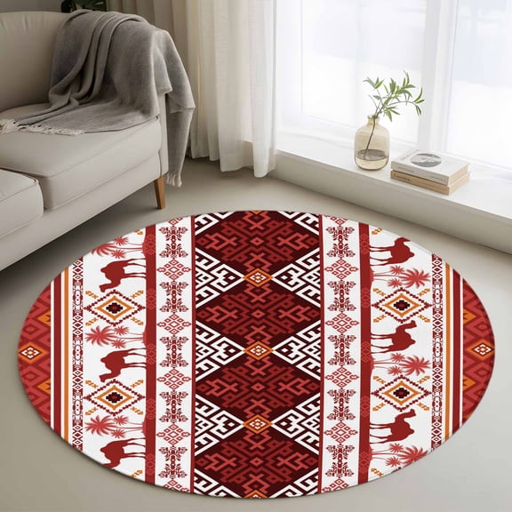Round Area Rugs Collection 4 Ft, Red Boho Non-Slip Residential Carpet, Southwestern Aztec Palm Tree Animals Patterned Indoor Crawling Mats Runner Rugs for Living Room/Dining Room/Bedroom