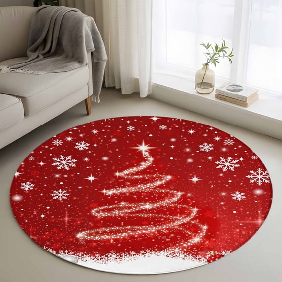 Round Area Rugs Collection 4 Ft, Red Christmas Non-Slip Residential Carpet, Snowflake Xmas Tree Ball Winter Modern Abstract Art Indoor Crawling Mats Runner Rugs for Living Room/Dining Room/Bedroom