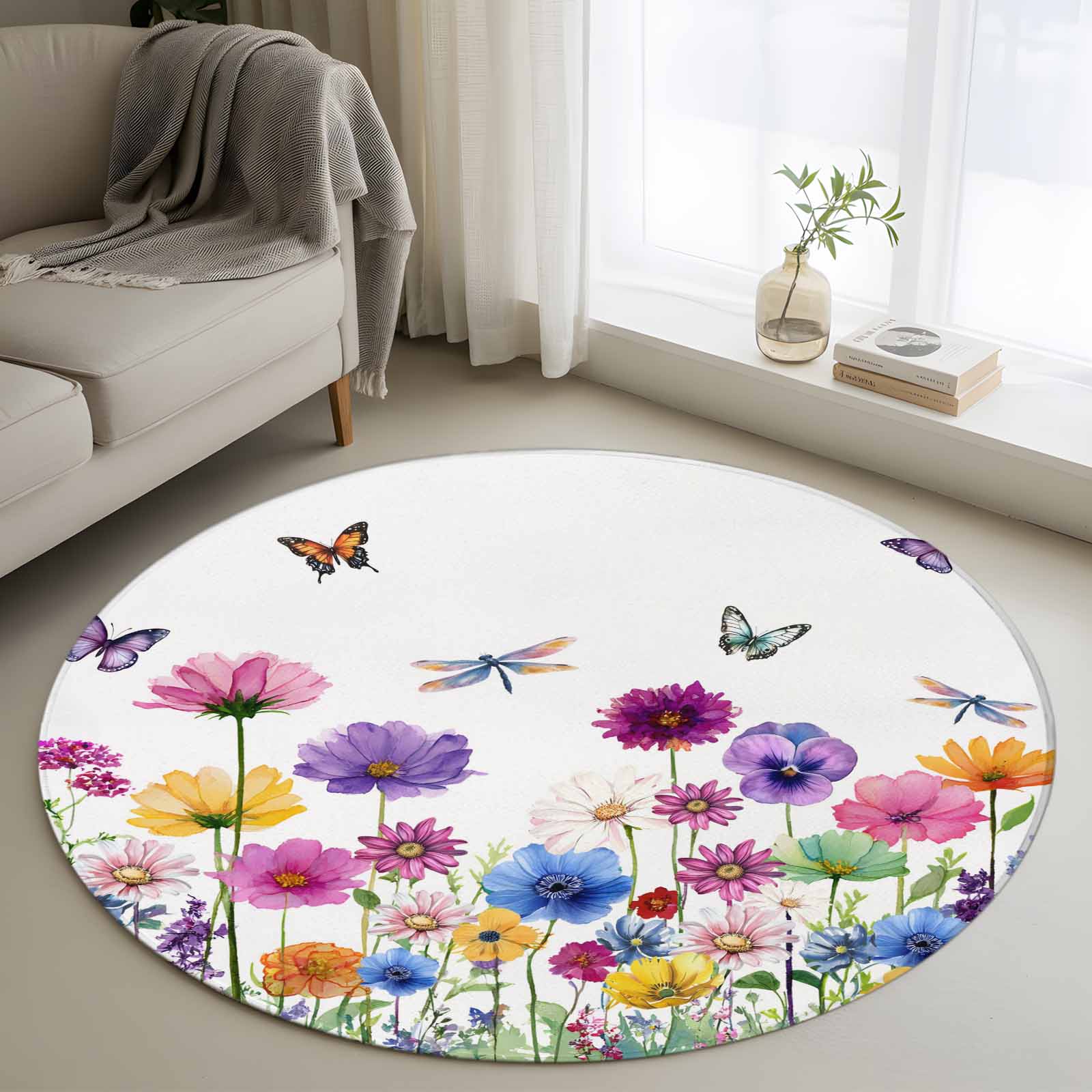 Spring Floral Rugs Round Area Rugs Collection 4 Ft, Spring Flowers Non-Slip Residential ...