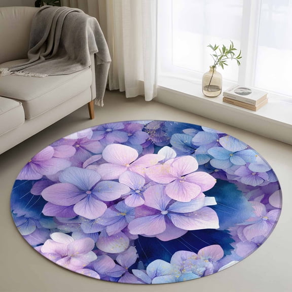 Round Area Rugs Collection 4 Ft, Spring Purple Hydrangea Non-Slip Residential Carpet, Country Flowers Garden Plants Indoor Crawling Mats Runner Rugs for Living Room/Dining Room/Bedroom