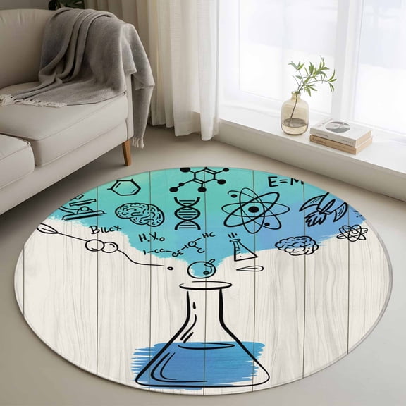 Round Area Rugs Collection 4 Ft, Teal Blue Science Non-Slip Residential Carpet, Funny Cartoon Artwork Wood Grain Indoor Crawling Mats Runner Rugs for Living Room/Dining Room/Bedroom