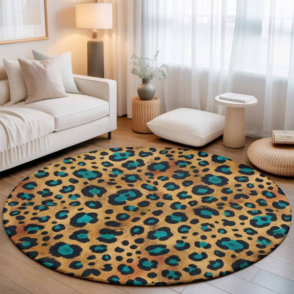Round Area Rugs Collection 4 Ft, Teal Brown Leopard Non-Slip Residential Carpet, Vintage Animals Texture Country Indoor Crawling Mats Runner Rugs for Living Room/Dining Room/Bedroom