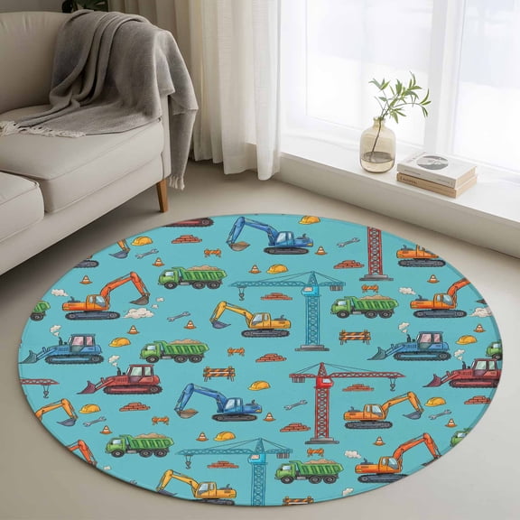 Round Area Rugs Collection 4 Ft, Teal Construction Vehicle Non-Slip Residential Carpet, Modern Excavator Crane Indoor Crawling Mats Runner Rugs for Living Room/Dining Room/Bedroom