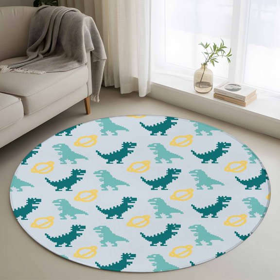 Round Area Rugs Collection 4 Ft, Teal Green Dinosaur Non-Slip Residential Carpet, Cartoon Funny Cute Dino Love Heart Indoor Crawling Mats Runner Rugs for Living Room/Dining Room/Bedroom