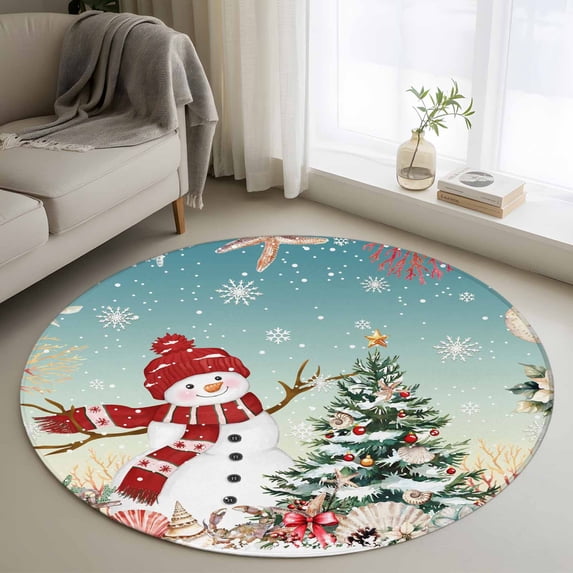Round Area Rugs Collection 4 Ft, Teal Snowman Christmas Non-Slip Residential Carpet, Xmas Tree Coastal Snowflake Starfish Indoor Crawling Mats Runner Rugs for Living Room/Dining Room/Bedroom