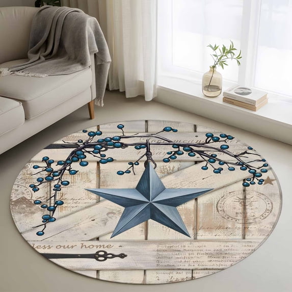 Round Area Rugs Collection 4 Ft, Texas Star Vintage Non-Slip Residential Carpet, Retro Navy Blue Berry Wooden Indoor Crawling Mats Runner Rugs for Living Room/Dining Room/Bedroom