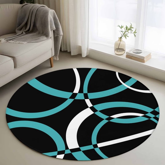 Round Area Rugs Collection 4 Ft, Turquoise Geometric Non-Slip Residential Carpet, Modern Abstract Aesthetic Striped Art Indoor Crawling Mats Runner Rugs for Living Room/Dining Room/Bedroom