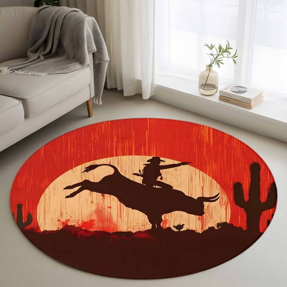 Round Area Rugs Collection 4 Ft, Western Cow Boy Non-Slip Residential Carpet, Vintage Country Desert Cactus Indoor Crawling Mats Runner Rugs for Living Room/Dining Room/Bedroom