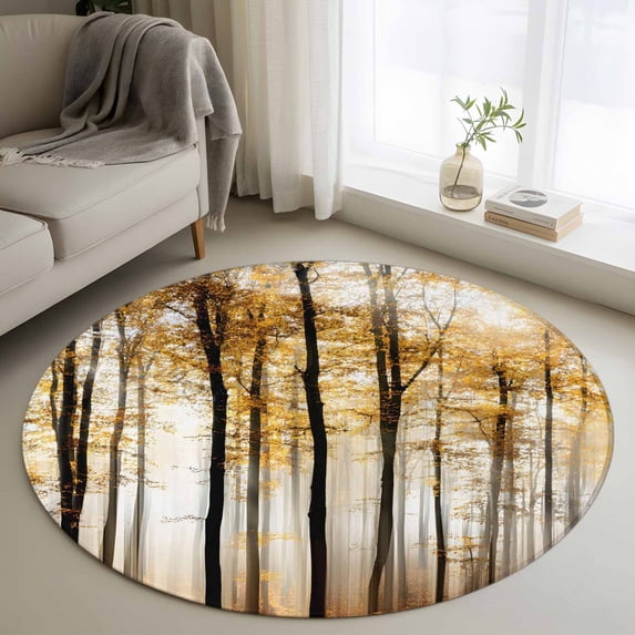 Round Area Rugs Collection 4 Ft, Yellow Forest Non-Slip Residential Carpet, Mysterious Tree Autumn Botanical Farmhouse Indoor Crawling Mats Runner Rugs for Living Room/Dining Room/Bedroom