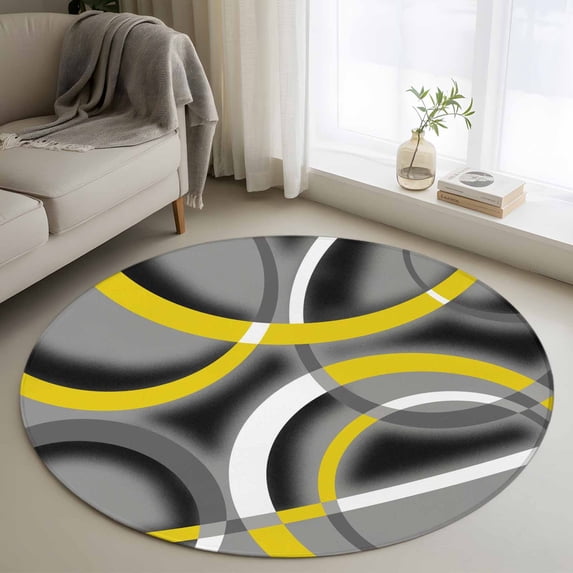 Round Area Rugs Collection 4 Ft, Yellow Geometric Non-Slip Residential Carpet, Gray Black Retro Abstract Stripes Lines Indoor Crawling Mats Runner Rugs for Living Room/Dining Room/Bedroom