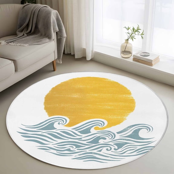 Round Area Rugs Collection 4 Ft, Yellow Sun Rise Non-Slip Residential Carpet, Ocean Waves Coastal Abstract Art Indoor Crawling Mats Runner Rugs for Living Room/Dining Room/Bedroom