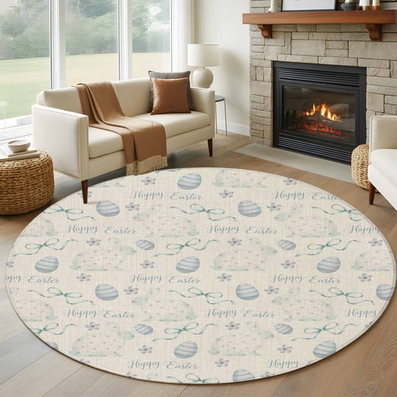Round Area Rugs Collection 5 Ft, Blue Easter Non-Slip Residential Carpet, Spring Farmhouse Vintage Bunny Eggs Beige Indoor Crawling Mats Runner Rugs for Living Room/Dining Room/Bedroom