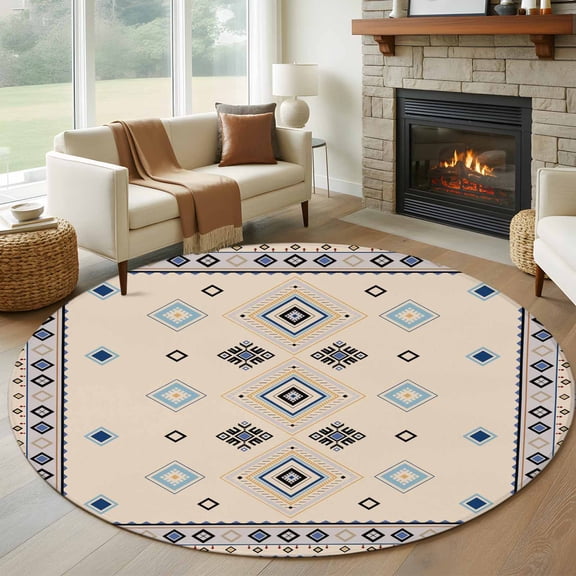 Round Area Rugs Collection 5 Ft, Boho Geometric Non-Slip Residential Carpet, Retro Rustic Chic Ethnic Abstract Patterned Indoor Crawling Mats Runner Rugs for Living Room/Dining Room/Bedroom